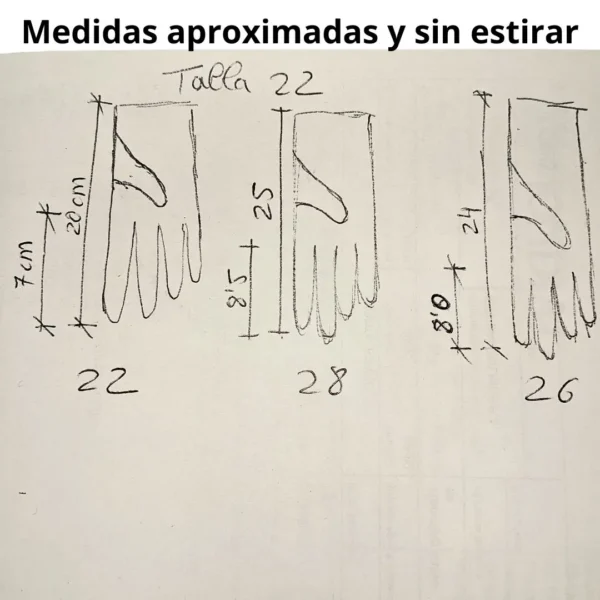 Medidas aproximadas para guantes de algodón, sin estirar