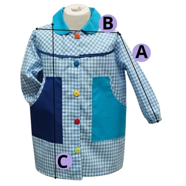 Gráfico de como tomar las medidas para el babi o bata escolar, modelos bolsillos oblicuos y bolsillos cuadrados