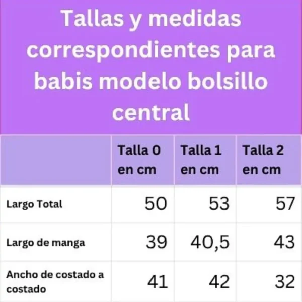 Tabla de medidas para babi sin botones, bolsillo central