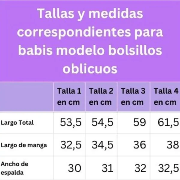 Tabla de medidas para babi o bata escolar modelo bolsillos oblicuos